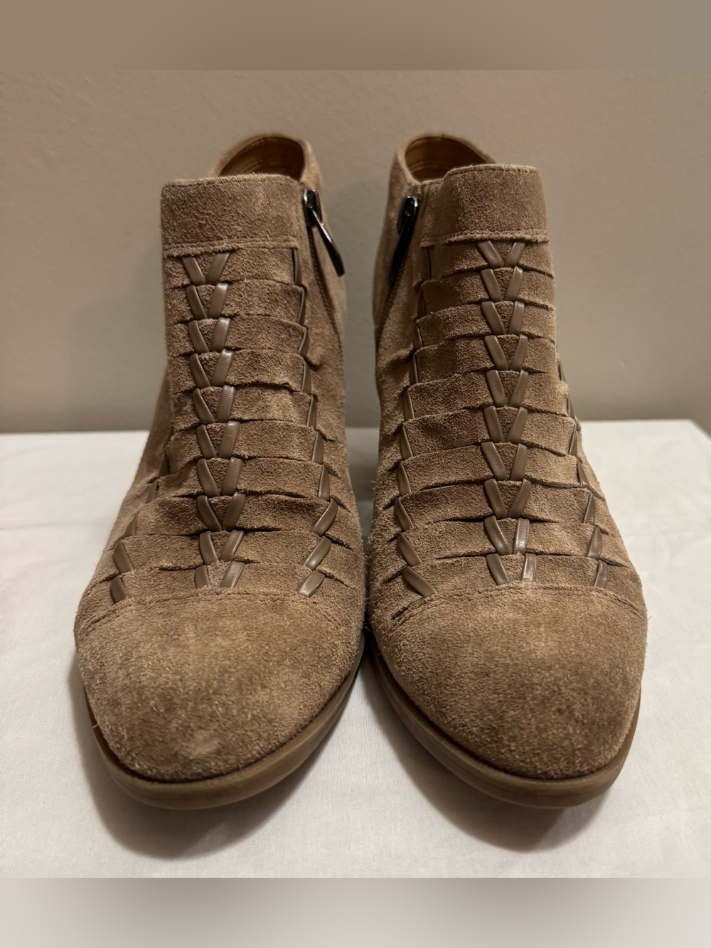 Franco Sarto Tan Suede Woven Ankle Boots Size 9 – Zip Booties